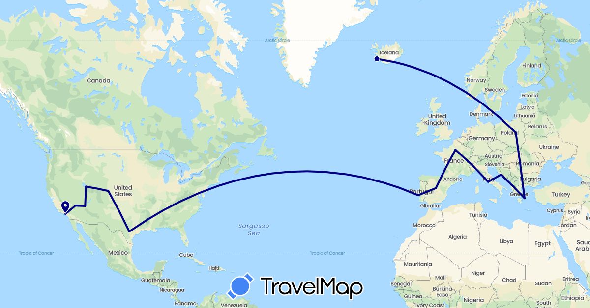 TravelMap itinerary: driving in Spain, France, Greece, Croatia, Iceland, Italy, Poland, Portugal, United States (Europe, North America)